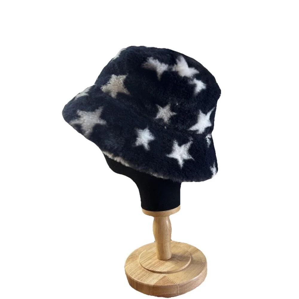 Girls' Star Printed Soft Fuzzy Faux Fur Bucket Hat - Art Class Black